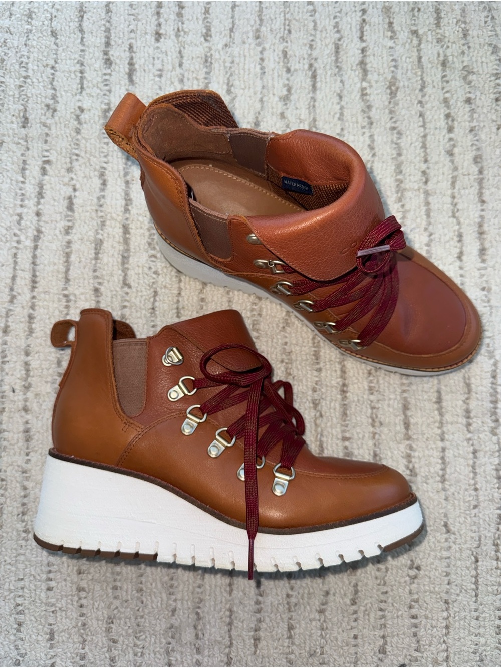 Cole Haan British Tan Waterproof Leather Zerogrand Wedge Hiker Boots Size 7.5B